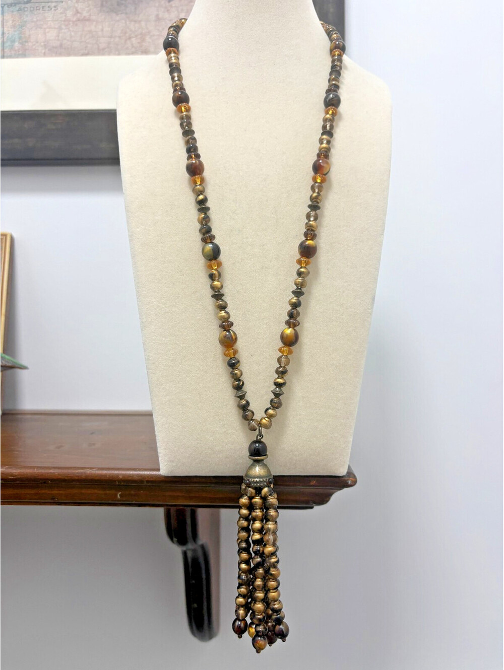 Vintage Faux Tiger Eye and Faux Brown Bead Tassel Necklace 24"